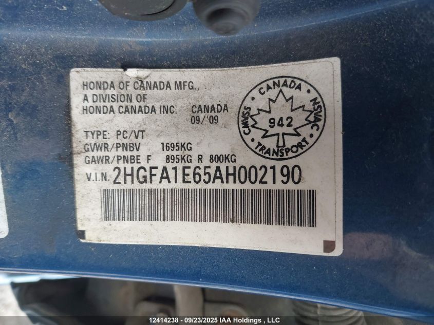 2010 Honda Civic Sport VIN: 2HGFA1E65AH002190 Lot: 12414238