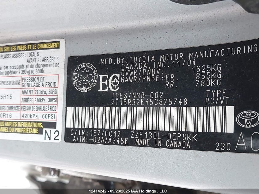 2005 Toyota Corolla Ce/Le/S VIN: 2T1BR32E45C875748 Lot: 12414242