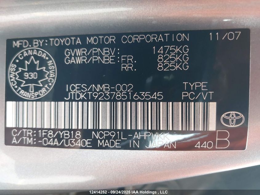 2008 Toyota Yaris Rs VIN: JTDKT923785163545 Lot: 12414252