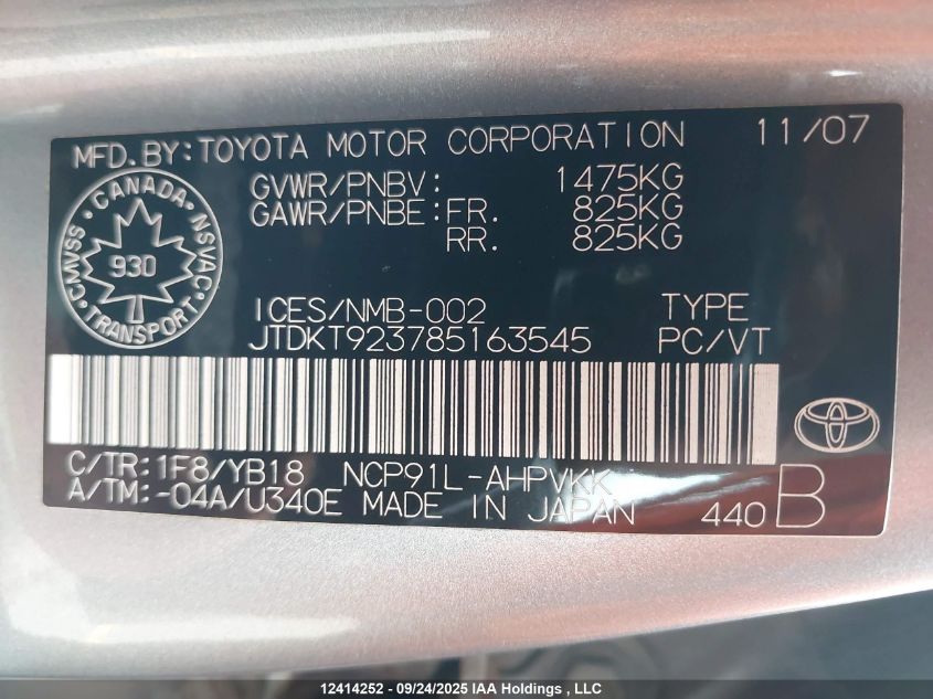 2008 Toyota Yaris Rs VIN: JTDKT923785163545 Lot: 12414252