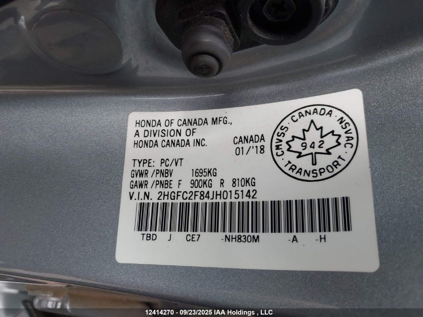 2018 Honda Civic Ex VIN: 2HGFC2F84JH015142 Lot: 12414270