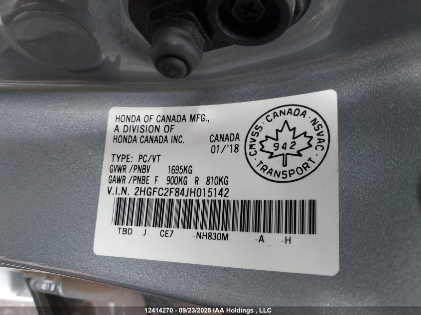 2018 Honda Civic Ex VIN: 2HGFC2F84JH015142 Lot: 12414270