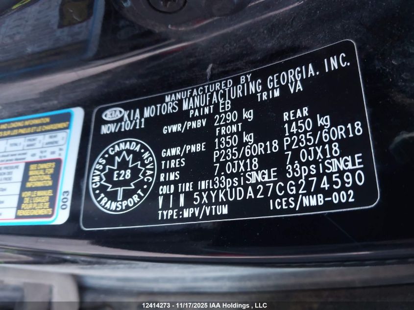 2012 Kia Sorento Ex Luxury V6/Ex V6 VIN: 5XYKUDA27CG274590 Lot: 12414273