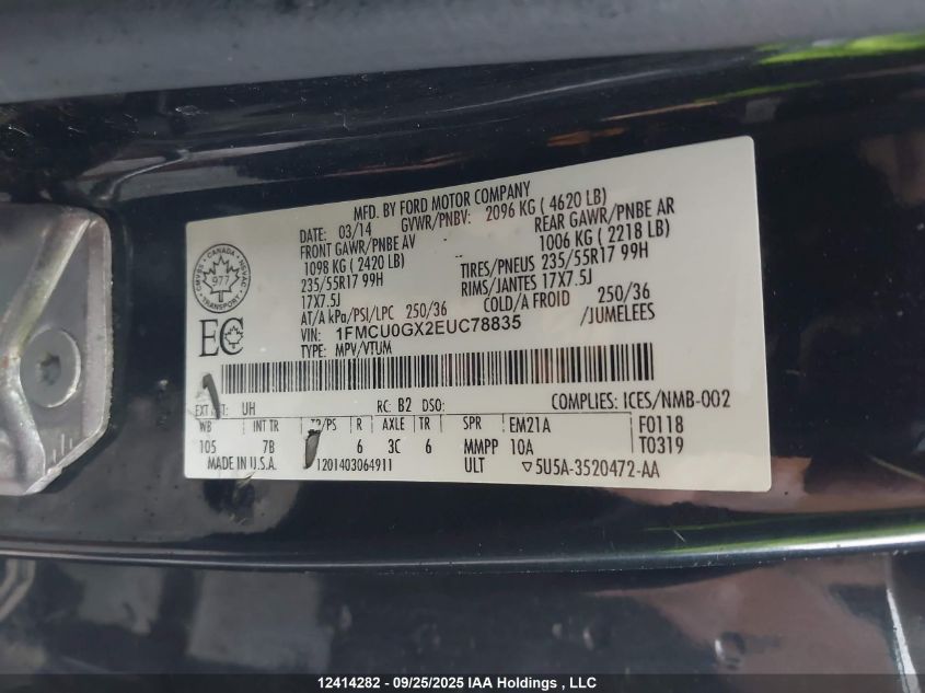 2014 Ford Escape VIN: 1FMCU0GX2EUC78835 Lot: 12414282