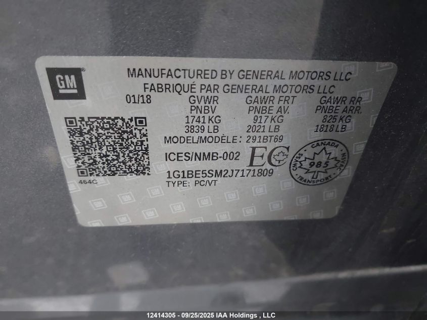 2018 Chevrolet Cruze Lt Auto VIN: 1G1BE5SM2J7171809 Lot: 12414305