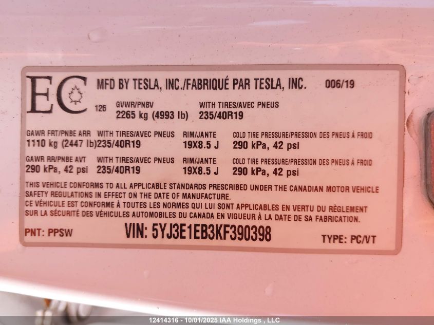 2019 Tesla Model 3 VIN: 5YJ3E1EB3KF390398 Lot: 12414316