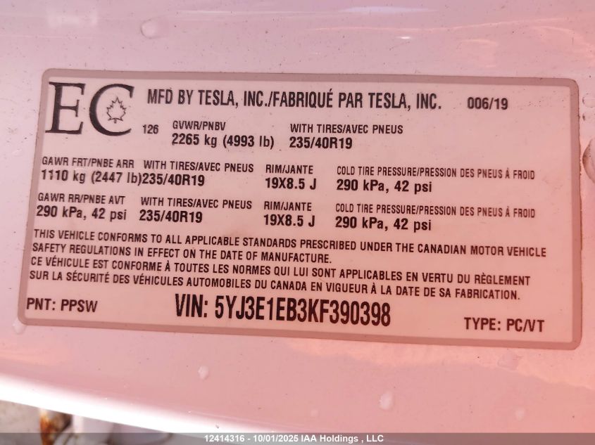 2019 Tesla Model 3 VIN: 5YJ3E1EB3KF390398 Lot: 12414316