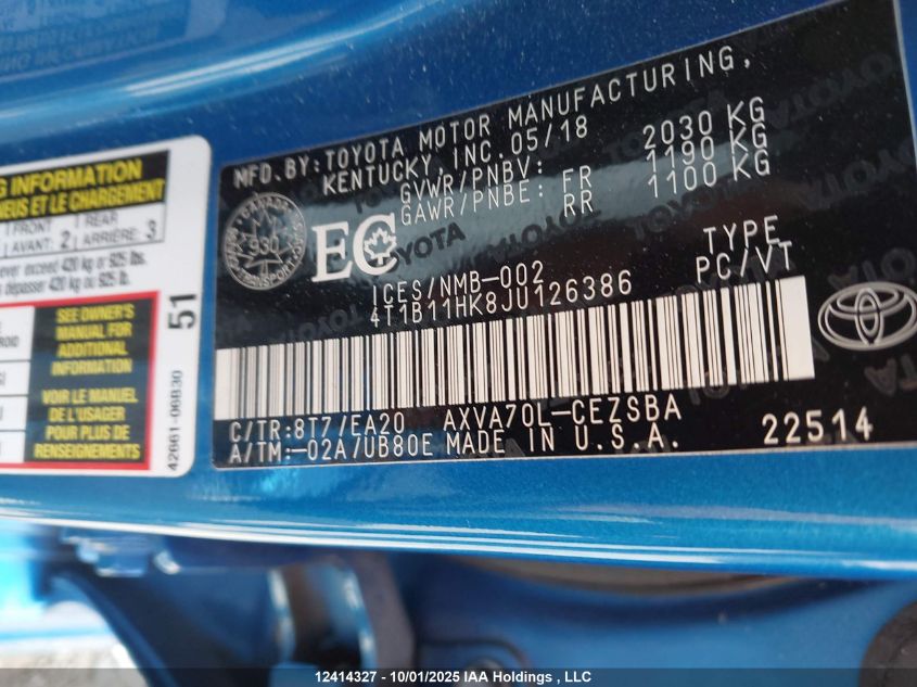 2018 Toyota Camry Se VIN: 4T1B11HK8JU126386 Lot: 12414327