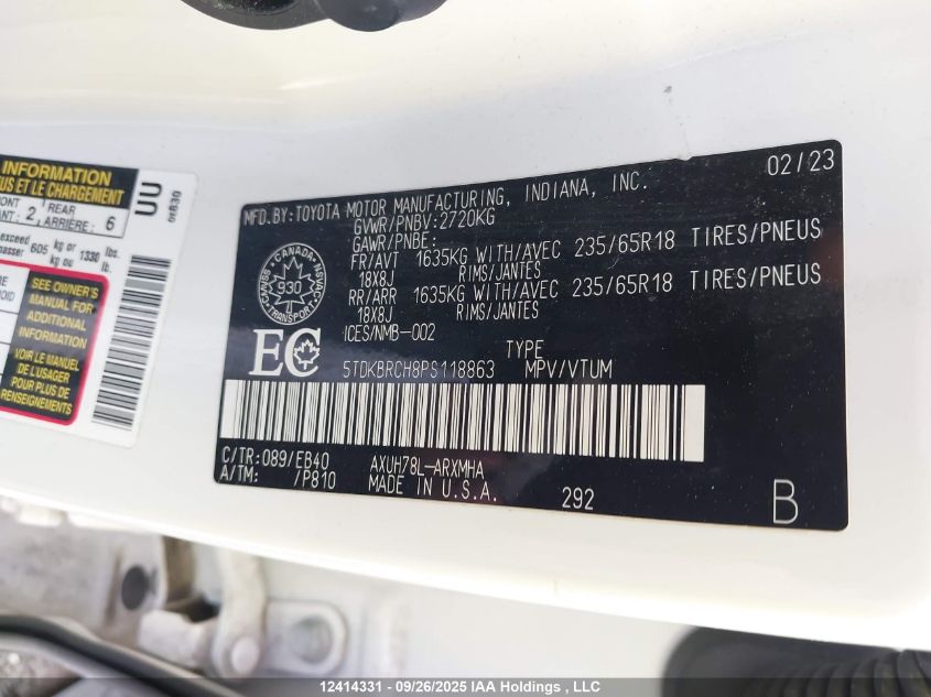 2023 Toyota Highlander Hybrid Xle/Hybrid Bronze Edition VIN: 5TDKBRCH8PS118863 Lot: 12414331