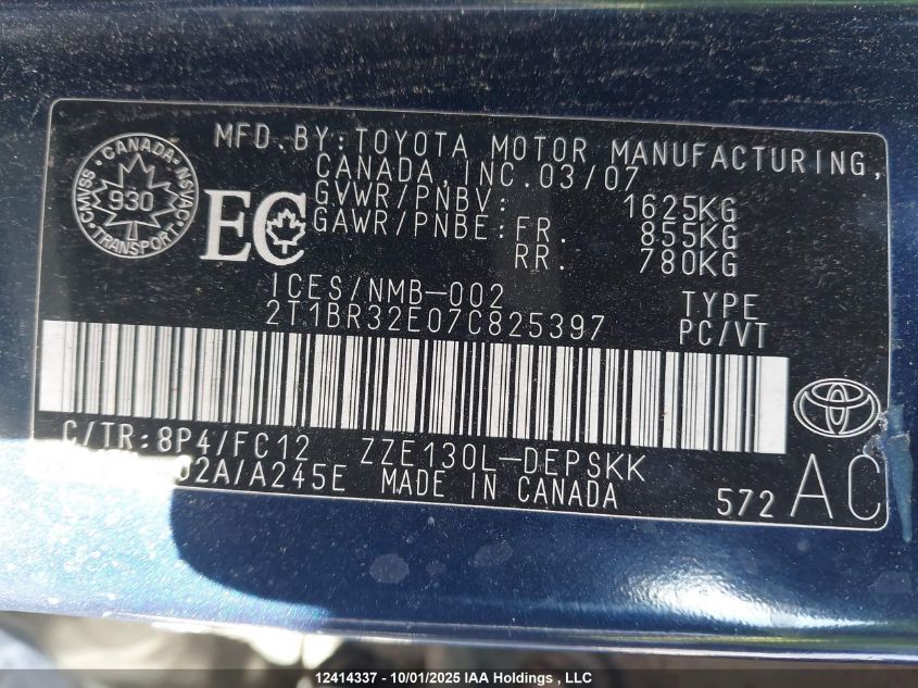 2007 Toyota Corolla Ce/Le/S VIN: 2T1BR32E07C825397 Lot: 12414337