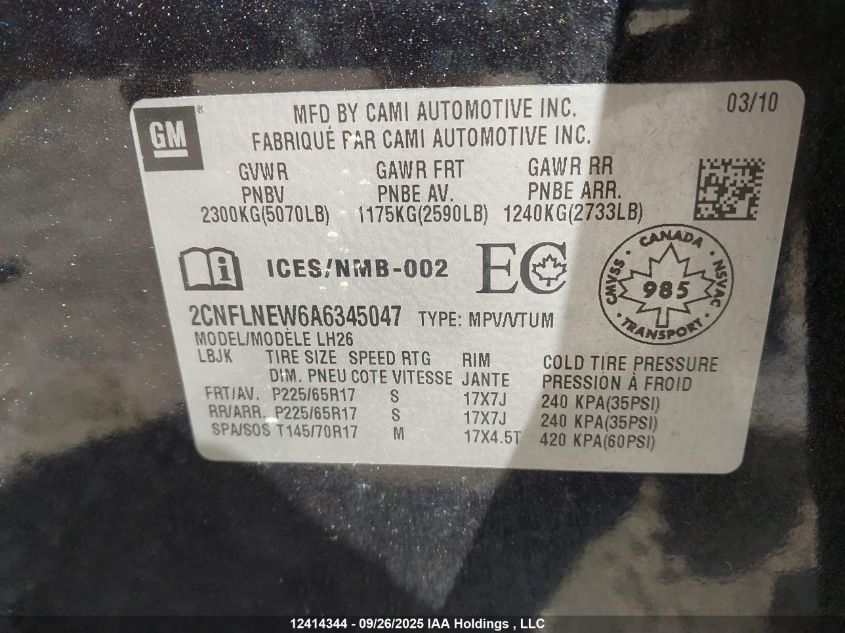 2010 Chevrolet Equinox Lt VIN: 2CNFLNEW6A6345047 Lot: 12414344