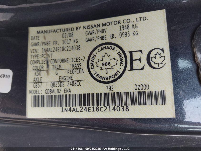 2008 Nissan Altima 2.5 S VIN: 1N4AL24E18C214038 Lot: 12414366