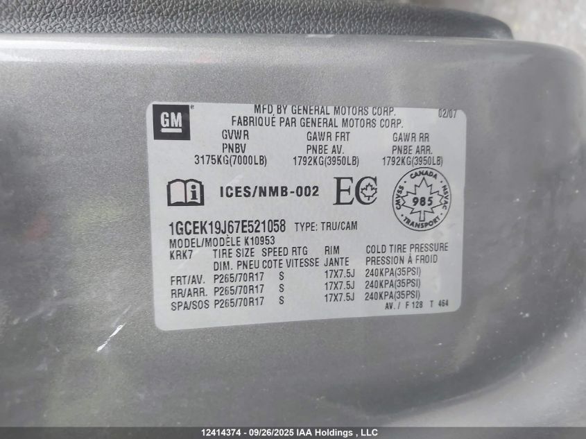 2007 Chevrolet Silverado K1500 VIN: 1GCEK19J67E521058 Lot: 12414374