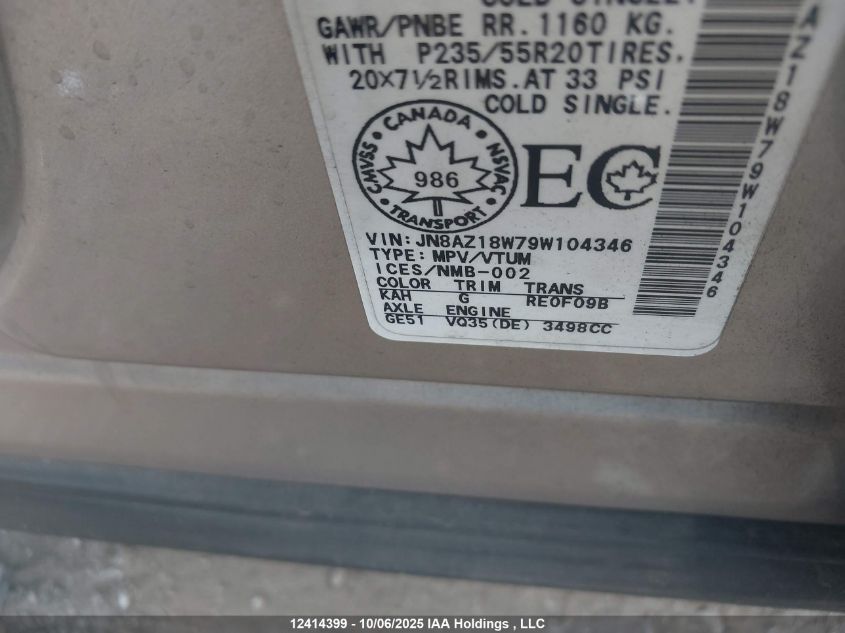 2009 Nissan Murano VIN: JN8AZ18W79W104346 Lot: 12414399