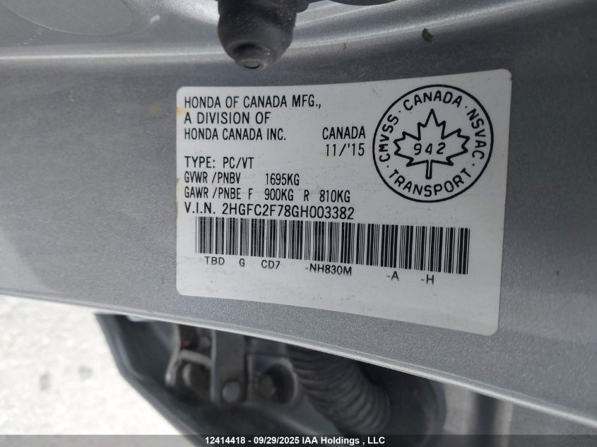 2016 Honda Civic Ex 4Dr VIN: 2HGFC2F78GH003382 Lot: 12414418