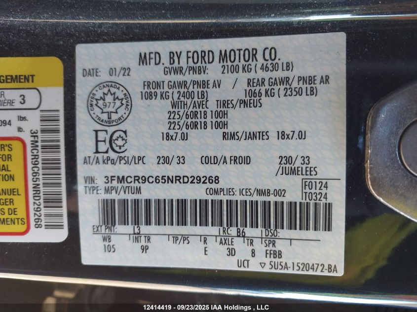 2022 Ford Bronco Sport Outer Banks VIN: 3FMCR9C65NRD29268 Lot: 12414419