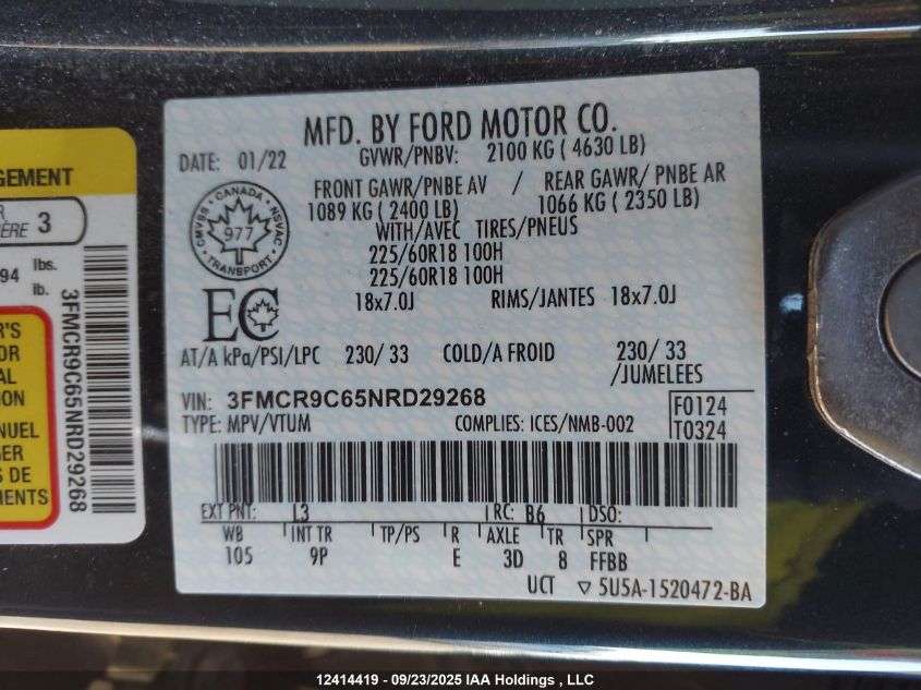 2022 Ford Bronco Sport Outer Banks VIN: 3FMCR9C65NRD29268 Lot: 12414419