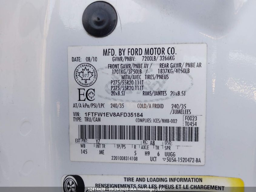 2010 Ford F-150 Fx4 VIN: 1FTFW1EV8AFD35184 Lot: 12414439