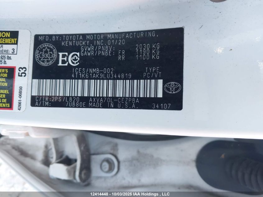 2020 Toyota Camry VIN: 4T1K61AK9LU344819 Lot: 12414448