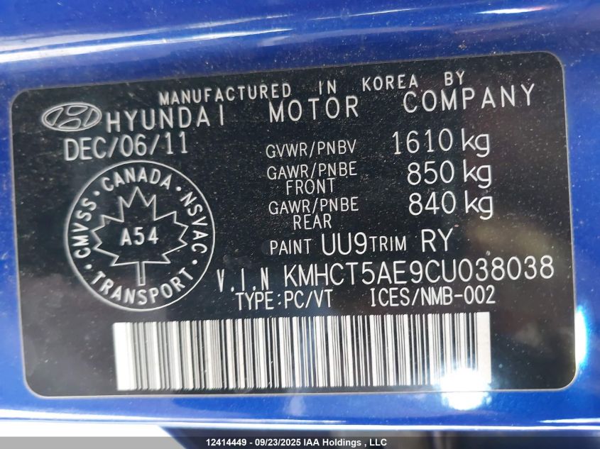 2012 Hyundai Accent VIN: KMHCT5AE9CU038038 Lot: 12414449