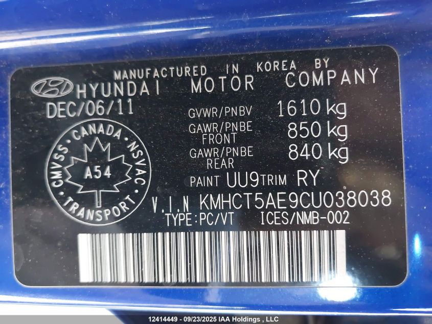 2012 Hyundai Accent VIN: KMHCT5AE9CU038038 Lot: 12414449