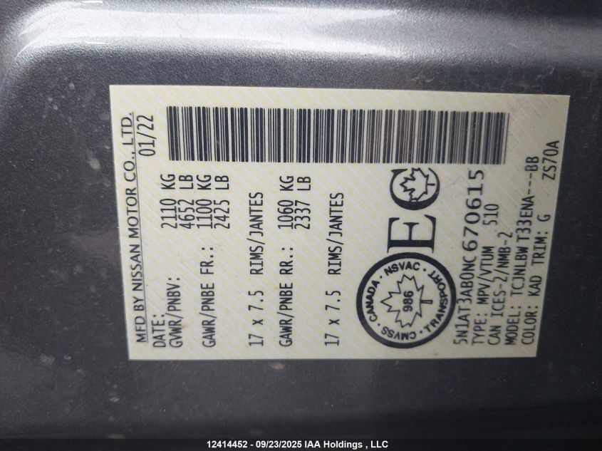 2022 Nissan Rogue S VIN: 5N1AT3AB0NC670615 Lot: 12414452