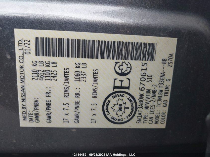 2022 Nissan Rogue S VIN: 5N1AT3AB0NC670615 Lot: 12414452