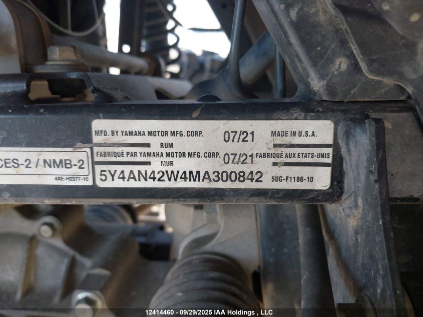 2021 Yamaha Yxe1000 VIN: 5Y4AN42W4MA300842 Lot: 12414460