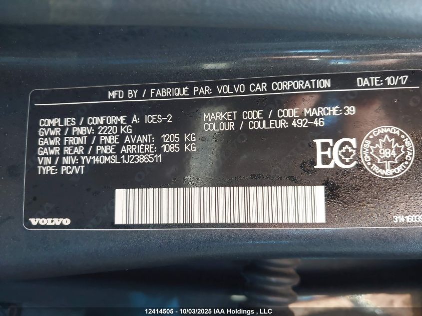 2018 Volvo V60 T5 Dynamic VIN: YV140MSL1J2386511 Lot: 12414505