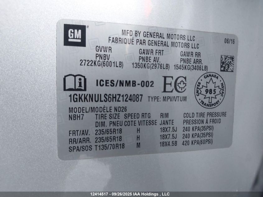 2017 GMC Acadia Slt-1 VIN: 1GKKNULS6HZ124087 Lot: 12414517