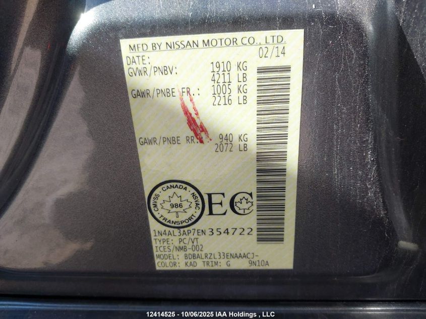 2014 Nissan Altima 2.5/2.5 S/2.5 Sl/2.5 Sv VIN: 1N4AL3AP7EN354722 Lot: 12414525