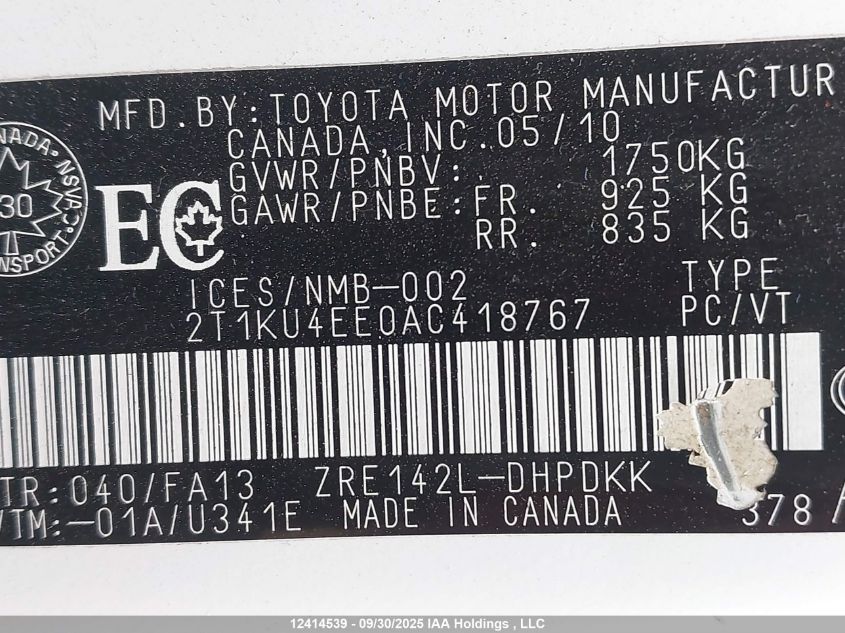 2010 Toyota Corolla Matrix VIN: 2T1KU4EE0AC418767 Lot: 12414539