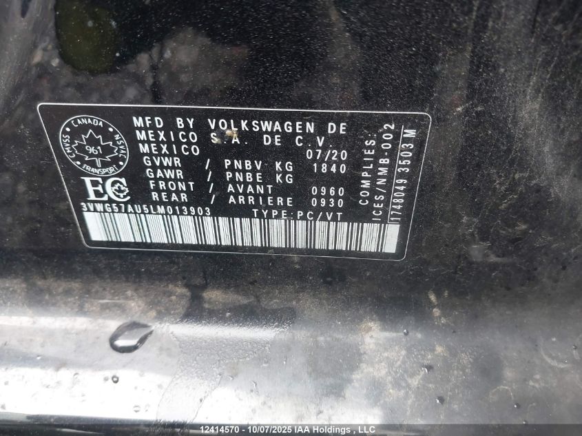 2020 Volkswagen Golf VIN: 3VWG57AU5LM013903 Lot: 12414570