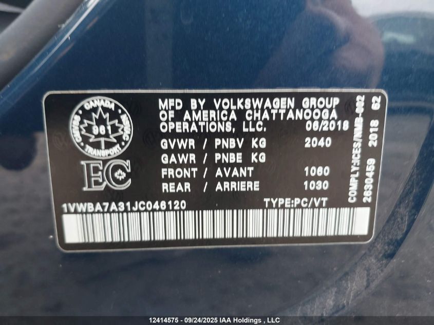 2018 Volkswagen Passat 2.0 Tsi Comfortline VIN: 1VWBA7A31JC046120 Lot: 12414575