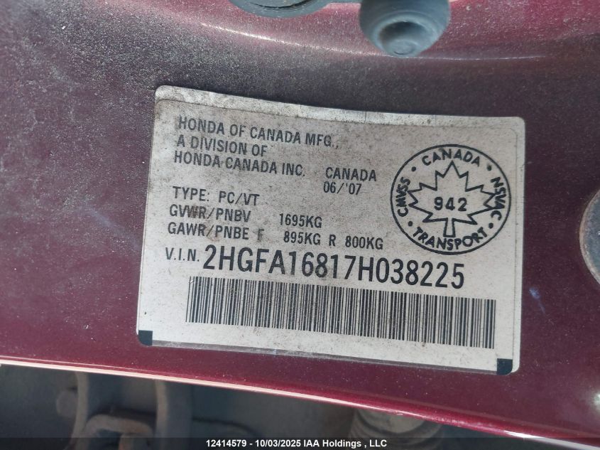 2007 Honda Civic Ex VIN: 2HGFA16817H038225 Lot: 12414579