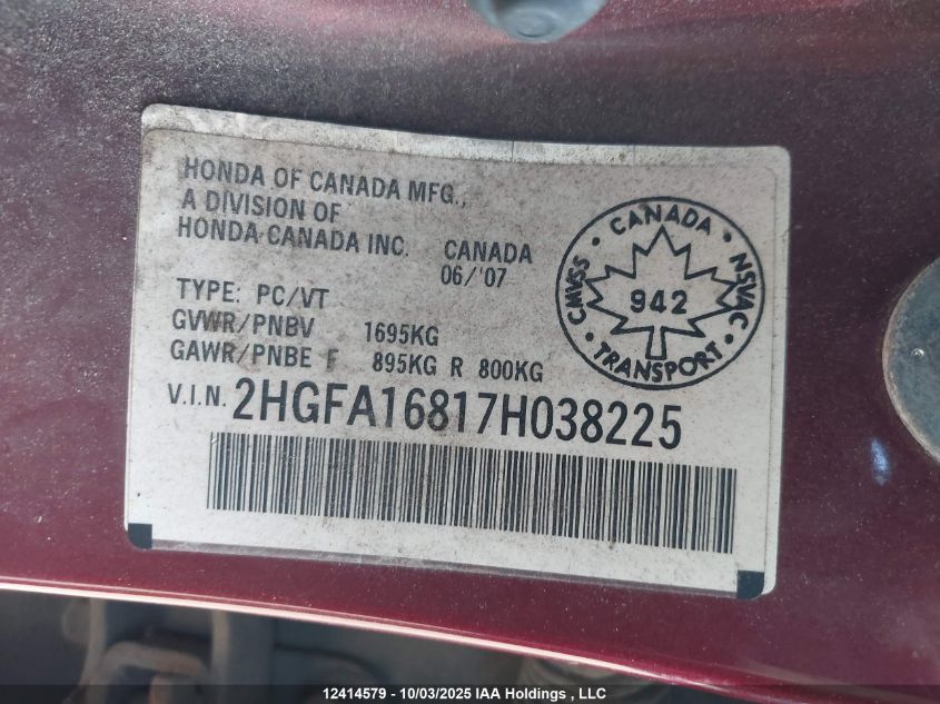 2007 Honda Civic Ex VIN: 2HGFA16817H038225 Lot: 12414579