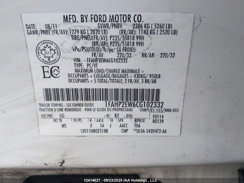 2012 Ford Taurus VIN: 1FAHP2EW6CG102332 Lot: 12414627