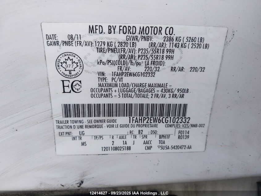 2012 Ford Taurus VIN: 1FAHP2EW6CG102332 Lot: 12414627