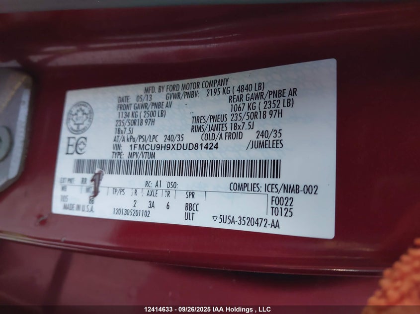 2013 Ford Escape Sel VIN: 1FMCU9H9XDUD81424 Lot: 12414633