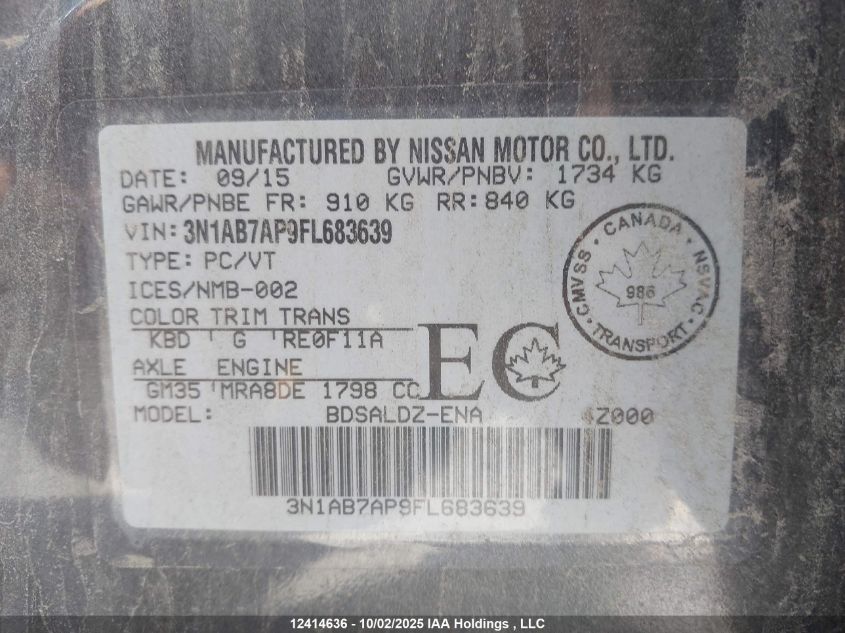 2015 Nissan Sentra 1.8 S/1.8 Sl/1.8 Sr/1.8 Sv VIN: 3N1AB7AP9FL683639 Lot: 12414636