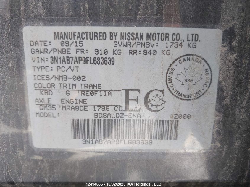 2015 Nissan Sentra 1.8 S/1.8 Sl/1.8 Sr/1.8 Sv VIN: 3N1AB7AP9FL683639 Lot: 12414636