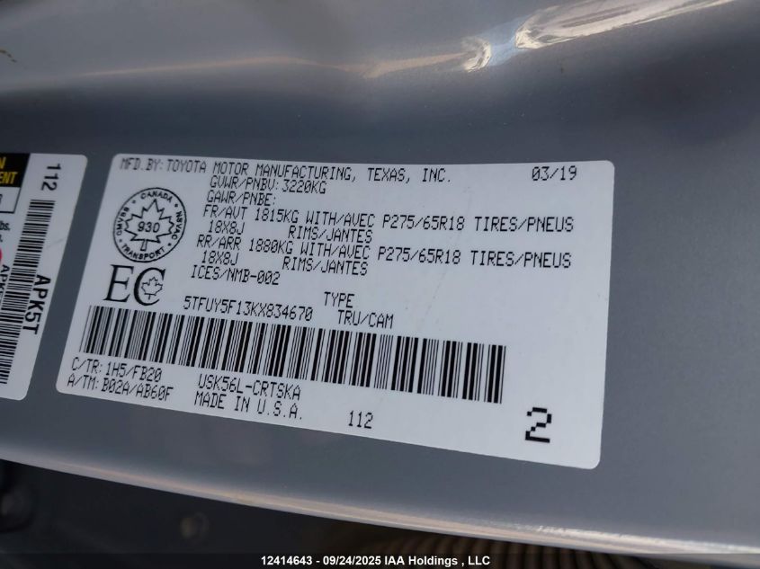 2019 Toyota Tundra Double Cab Sr/Double Cab Sr5 VIN: 5TFUY5F13KX834670 Lot: 12414643