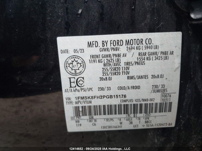 2023 Ford Explorer Limited VIN: 1FMSK8FH2PGB15176 Lot: 12414652