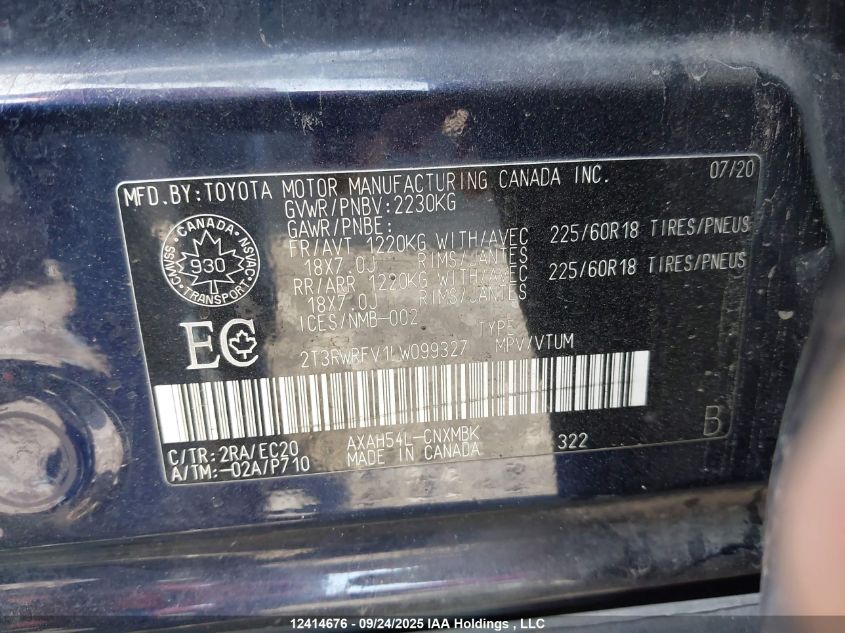 2020 Toyota Rav4 Hybrid Xle VIN: 2T3RWRFV1LW099327 Lot: 12414676