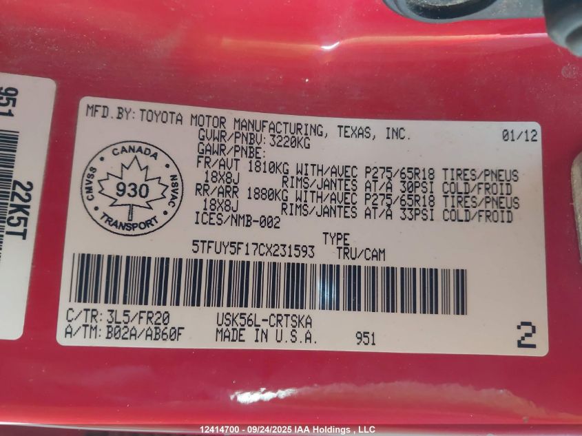 2012 Toyota Tundra Double Cab Sr5 VIN: 5TFUY5F17CX231593 Lot: 12414700