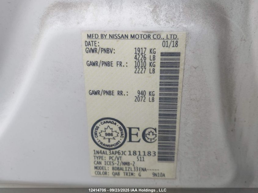 2018 Nissan Altima 2.5/S/Sv/Sl/Sr VIN: 1N4AL3AP6JC181183 Lot: 12414705