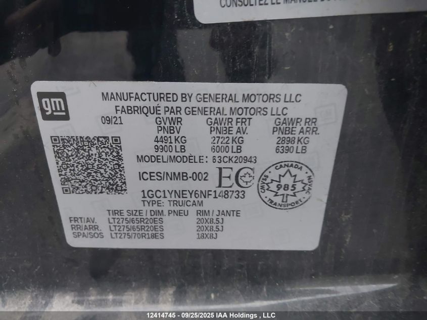 2022 Chevrolet Silverado 2500Hd Lt VIN: 1GC1YNEY6NF148733 Lot: 12414745