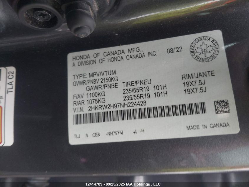 2022 Honda Cr-V Black Edition/Touring VIN: 2HKRW2H97NH224428 Lot: 12414789