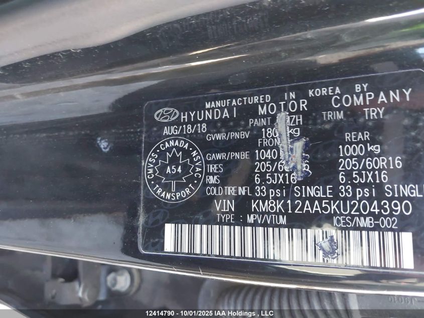 2019 Hyundai Kona 2.0L Essential VIN: KM8K12AA5KU204390 Lot: 12414790