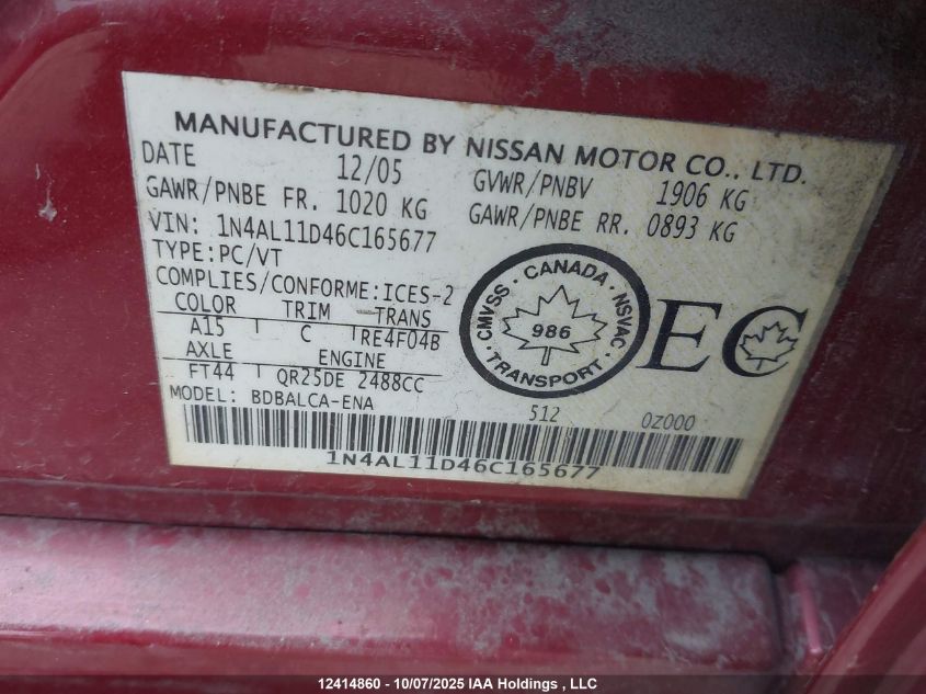 2006 Nissan Altima VIN: 1N4AL11D46C165677 Lot: 12414860